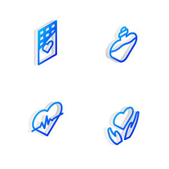 Set Isometric line Bottle with love potion, Chocolate bar, Heart rate and in hand icon. Vector