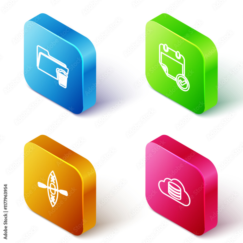 Poster set isometric line delete folder, calendar with check mark, kayak and paddle and cloud database icon