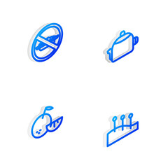 Set Isometric line Kettle with handle, Food no diet, Citrus fruit and Acupuncture therapy icon. Vector