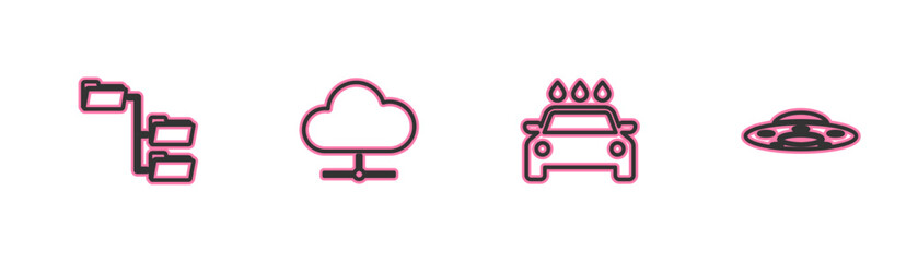 Set line Folder tree, Car wash, Network cloud connection and UFO flying spaceship icon. Vector
