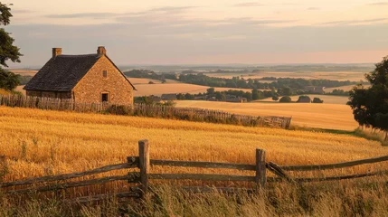 Fototapete Rund Rustic stone cottage in golden wheat field at sunset in the countryside landscape © pibi37.studio