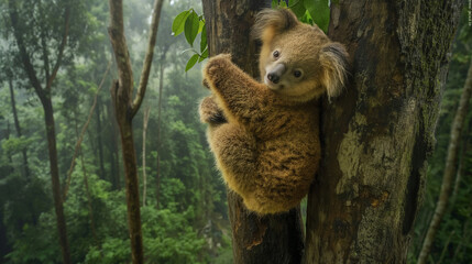 Obraz premium Koala clinging to a tree in a misty forest.