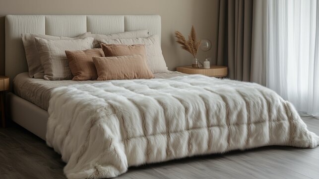 Minimalist bed with faux fur blanket, serene and inviting bedroom design in neutral tones