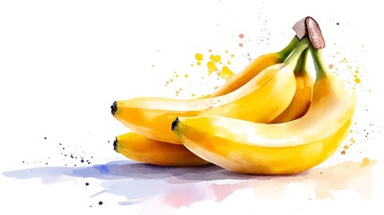Watercolor illustration of a bunch of ripe yellow bananas on a white background.