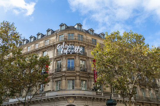 Building facade of luxury shopping mall Galeries Lafayette in Paris, France