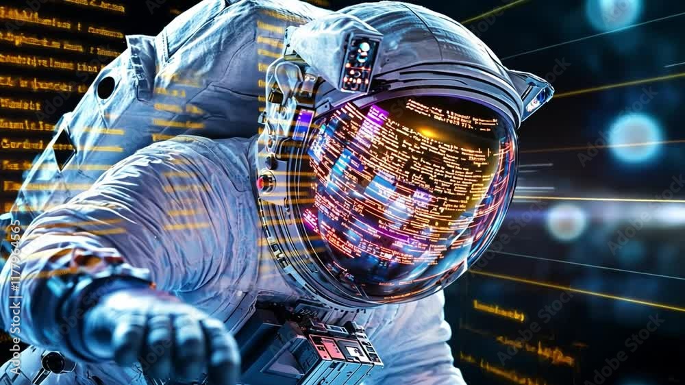 Poster astronaut exploring space while interacting with advanced digital technology in 4k setting