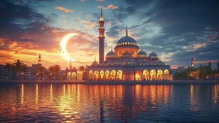 Fototapeta premium Illuminated mosque by water at sunset with crescent moon.