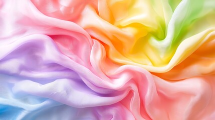 Obraz premium Colorful rainbow fabric texture, smooth silk material, pastel shades, draped textile background.