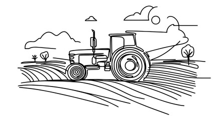 minimalistic black and white vector illustration of a tractor on farmland