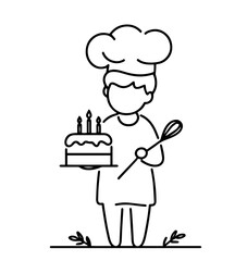 cute chef character with a cake, perfect for birthday celebration monoline vector graphic