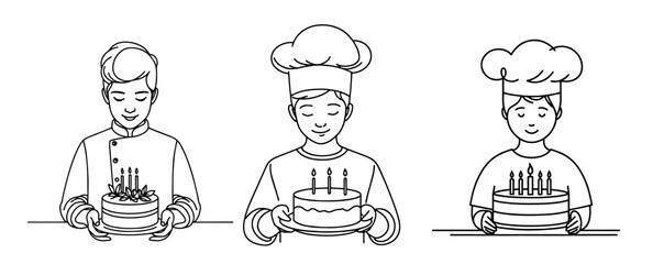 minimalistic black vector illustration of a boy baker presenting a festive cake