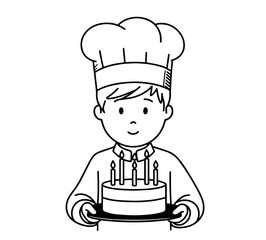 young chef holding a birthday cake with lit candles in black and white minimalistic vector graphic