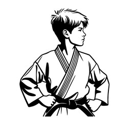 black and white illustration of a young boy in a karate uniform minimalistic line art graphic vector