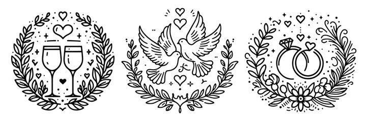 elegant black and white vector artwork of wedding elements with wreaths and romantic details