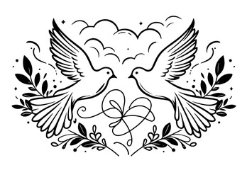 black and white vector illustration of two doves with decorative floral elements