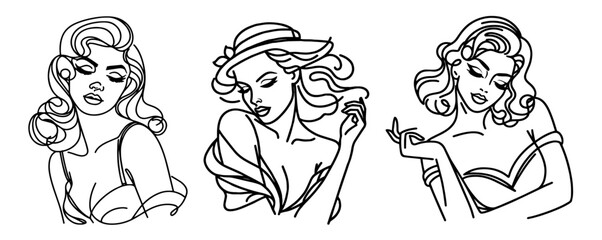 minimalist vector artwork of glamorous retro ladies in artistic line design