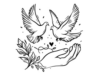creative black ink design of two doves in flight surrounded by branches