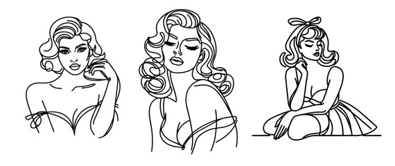 elegant one-line vector art of retro-inspired pin-up women in minimalistic style