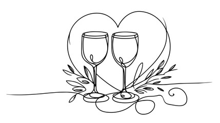 artistic line art of a romantic celebration with heart, flowers, and glasses