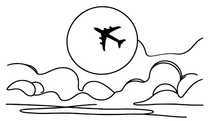 Obraz premium minimalist airplane vector illustration with continuous line style and clouds in background