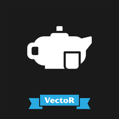 White Traditional tea ceremony icon isolated on black background. Teapot with cup. Vector