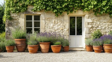 Charming stone house with lush plant pots and ivy-covered walls for stock photography
