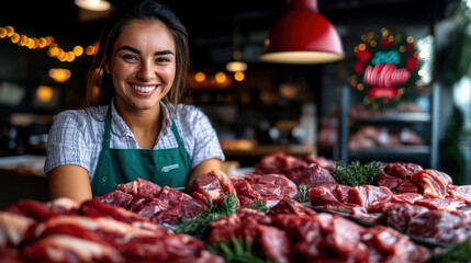 A friendly woman showcases various cuts of meat at a bustling market, highlighting the vibrant atmosphere and rich variety of local produce while promoting community and cultural connections.