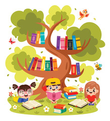 Fototapeta premium Children Reading Book At Nature