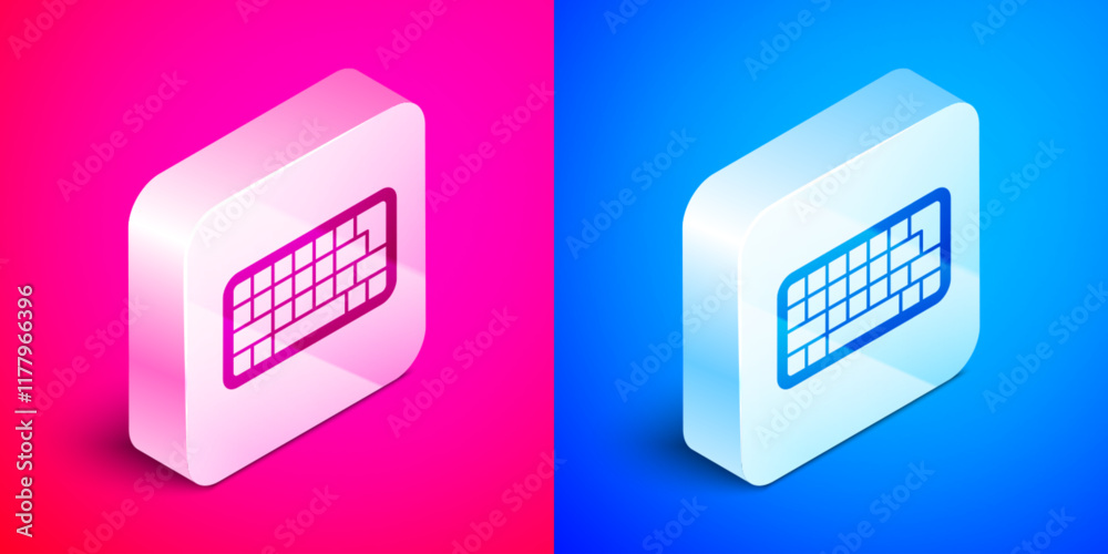 Poster isometric computer keyboard icon isolated on pink and blue background. pc component sign. silver squ