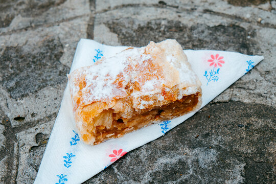 piece of Hungarian apple strudel on a paper napkin