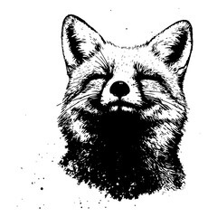 smiling fox head in hand drawn textured black and white vector, detailed sketch style