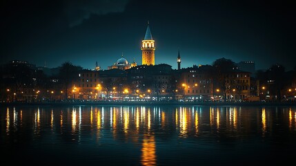 Obraz premium Istanbul cityscape at night, illuminated buildings reflected in water.