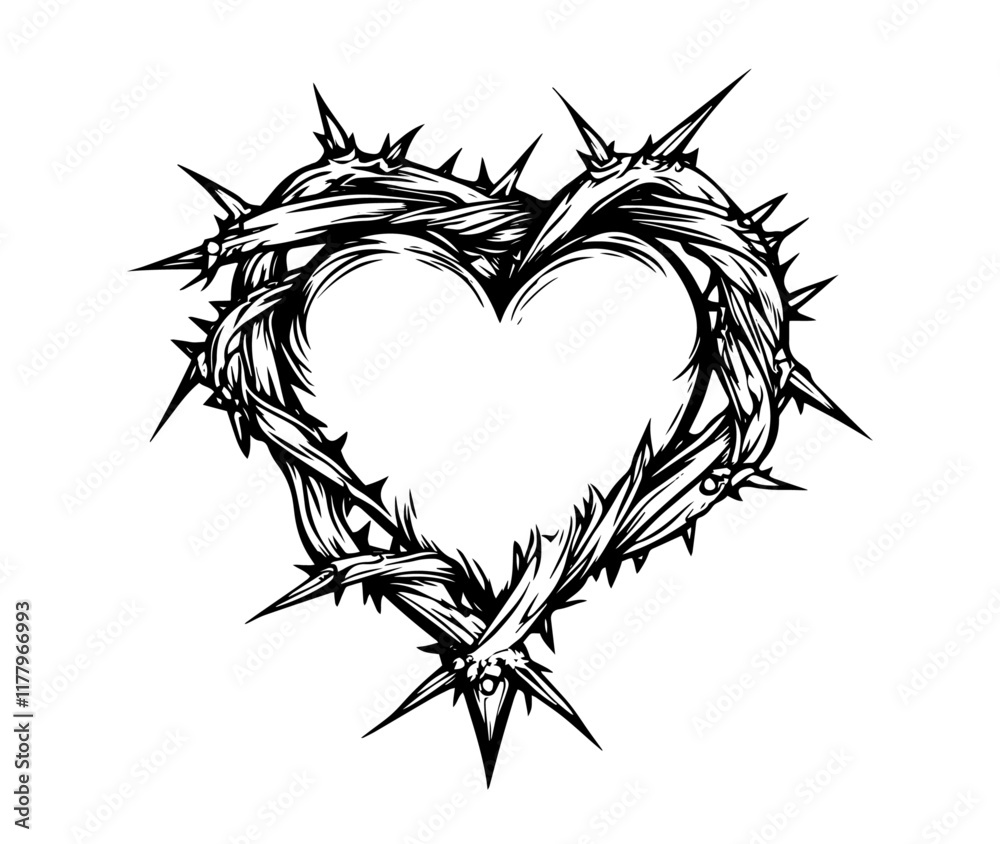 Wall mural artistic depiction of two hearts with sharp thorns in monochrome style