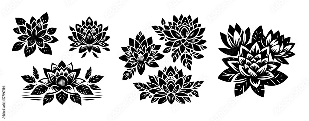 Wall mural artistic black and white vector flowers with symmetrical and intricate patterns