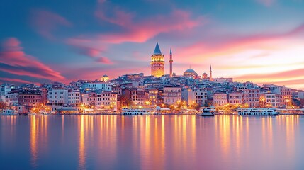 Fototapeta premium Istanbul cityscape at sunset with Galata Tower and colorful sky.