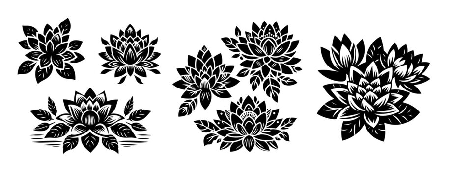 artistic black and white vector flowers with symmetrical and intricate patterns