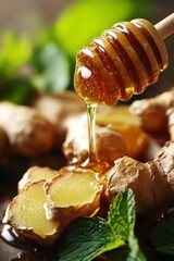 Fresh ginger with honey and mint leaves in sunshine