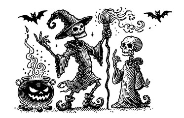 detailed hand-drawn halloween scene with skeletons, cauldron, and bats in vector art