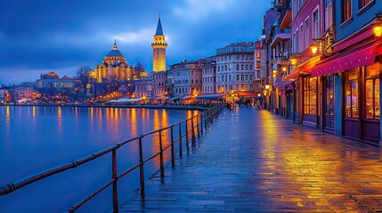 Obraz premium Istanbul waterfront evening cityscape, mosque background.