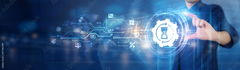 Poster businessman hold a work in progress network connecting icon representing ongoing development, innova