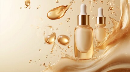 Golden beauty serum bottles surrounded by splashes and droplets in a bright setting
