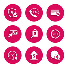Fototapeta premium Set Shoping bag and dollar, Financial growth coin, Speech bubble with, Sold label, Clock 24 hours, Buy button, Discount card percent and Shield icon. Vector