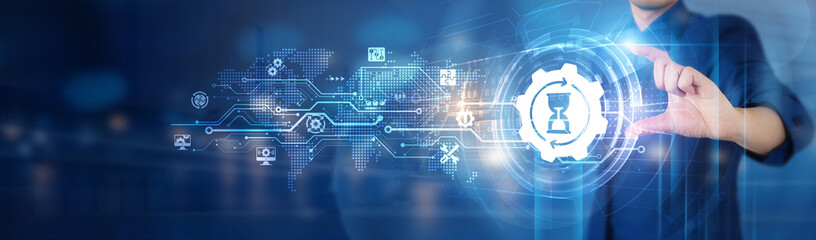 Businessman hold a Work In Progress network connecting icon representing ongoing development,...