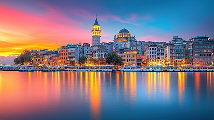 Obraz premium Istanbul sunset cityscape with Galata Tower and mosque reflection.