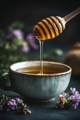 Honey dripping from a wooden spoon into a cup of tea, close-up, perfect for food and beverage advertising or editorial content