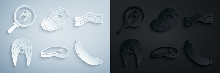 Set Steak meat, Bacon stripe, Fish steak, Sausage, and in frying pan icon. Vector