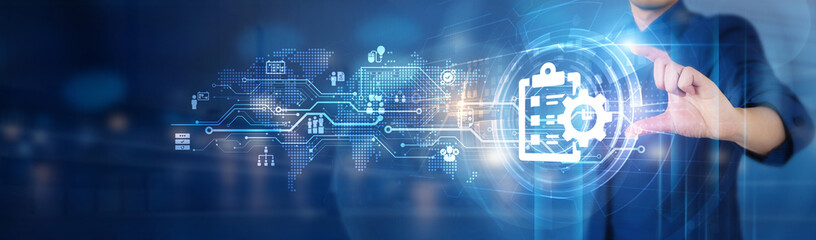 Businessman hold digital transformation network connecting icon representing effective project management, collaboration between teams, achieving goals, and delivering innovative solutions.