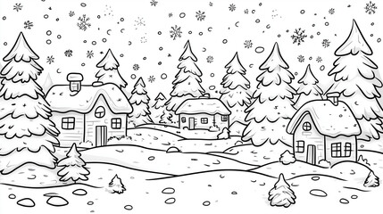 Obraz premium A snow-covered village with small houses, trees, and stars above. Coloring page