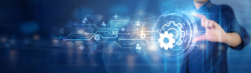 Businessman holds business settings network connecting icon for enhanced operational efficiency, providing optimized solutions.