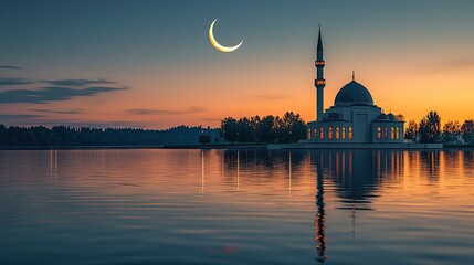 Fototapeta premium Lakeside mosque at sunset with crescent moon.